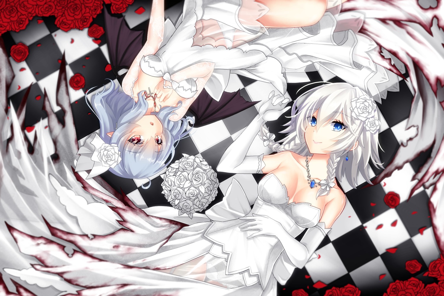 blood cleavage dress izayoi_sakuya no_bra pantsu pointy_ears remilia_scarlet see_through torn_clothes touhou uiu wedding_dress wings