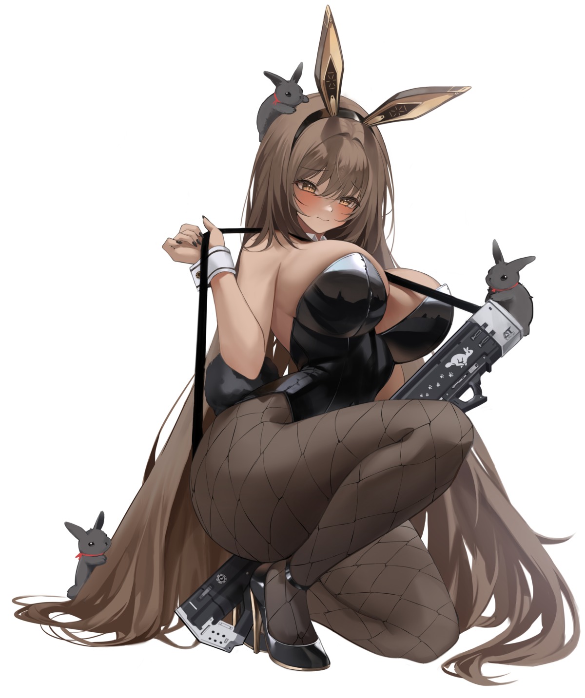 animal_ears bunny_ears bunny_girl fishnets goddess_of_victory:_nikke gun haku_(liiixixixiii) heels no_bra noir_(nikke) pantyhose tail