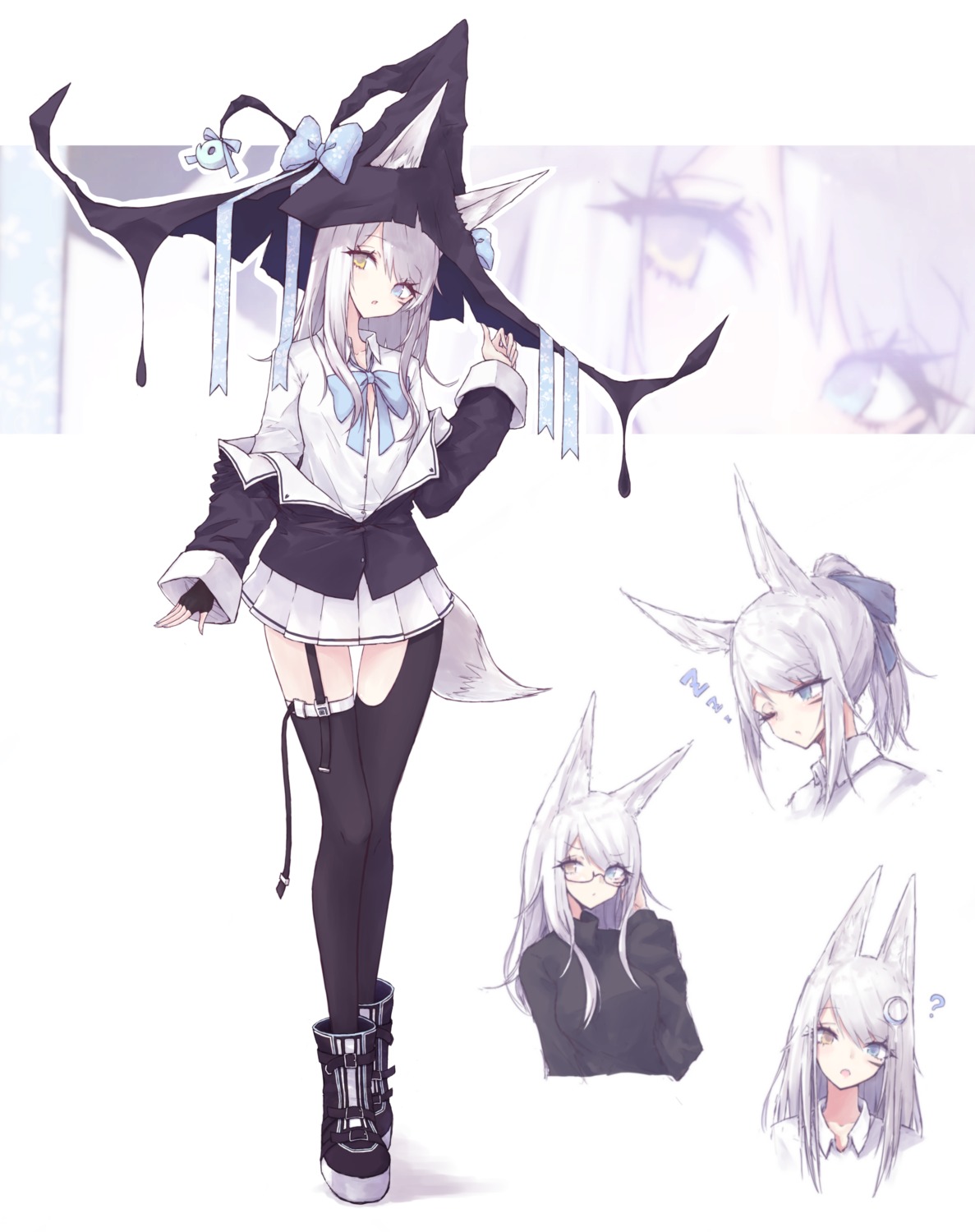 animal_ears cre7 expression heterochromia kitsune megane seifuku stockings tail thighhighs witch