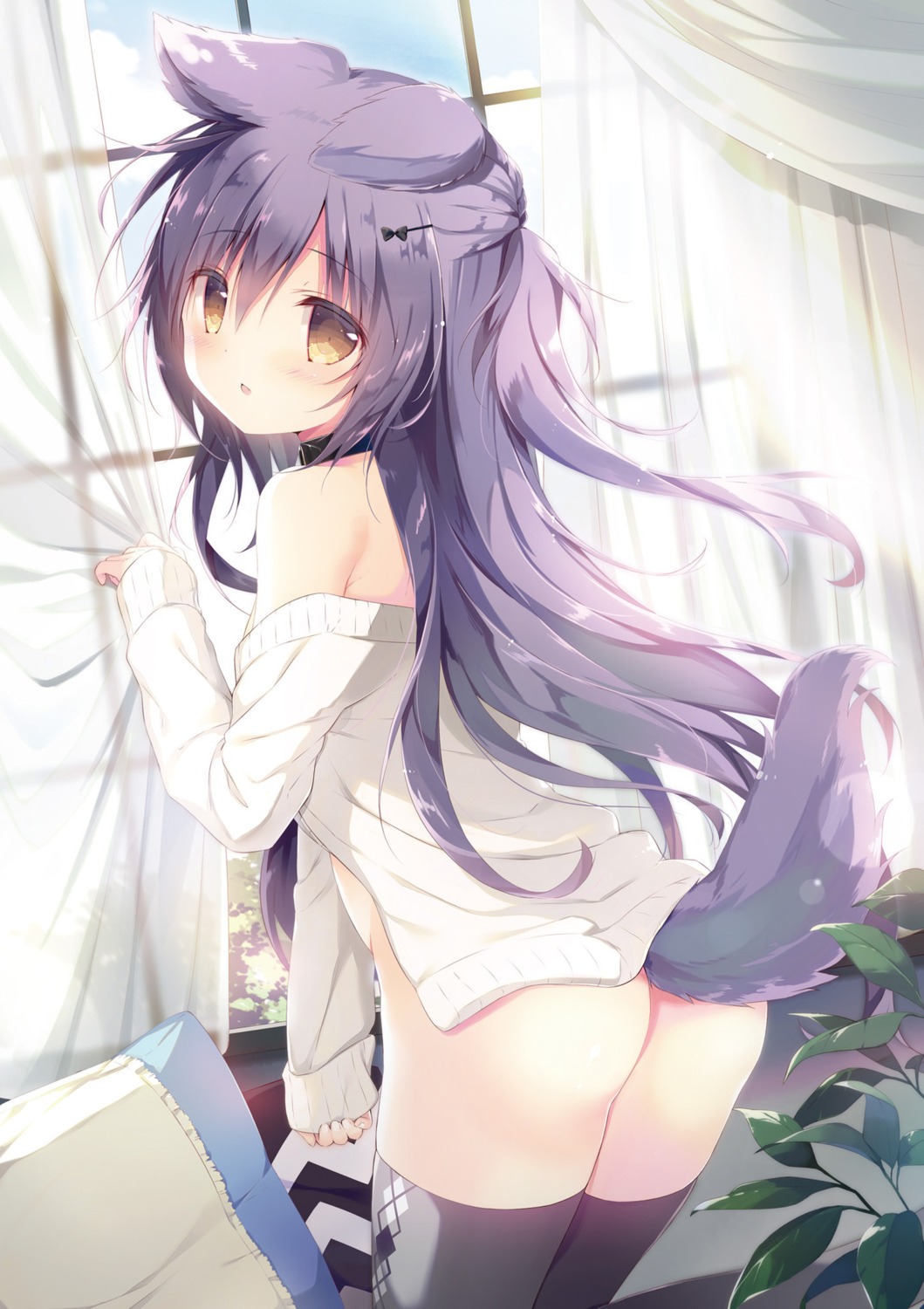 animal_ears ass bottomless digital_version kuroi_inu open_shirt shiratama sweater tail thighhighs