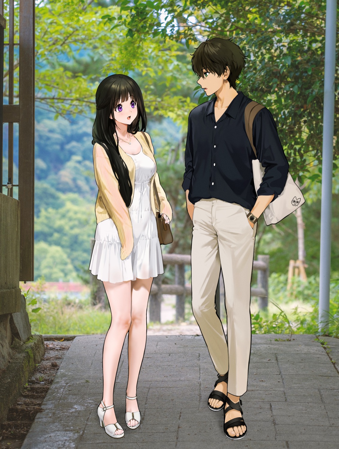 chitanda_eru dress heels hyouka mery_(yangmalgage) oreki_houtarou summer_dress sweater