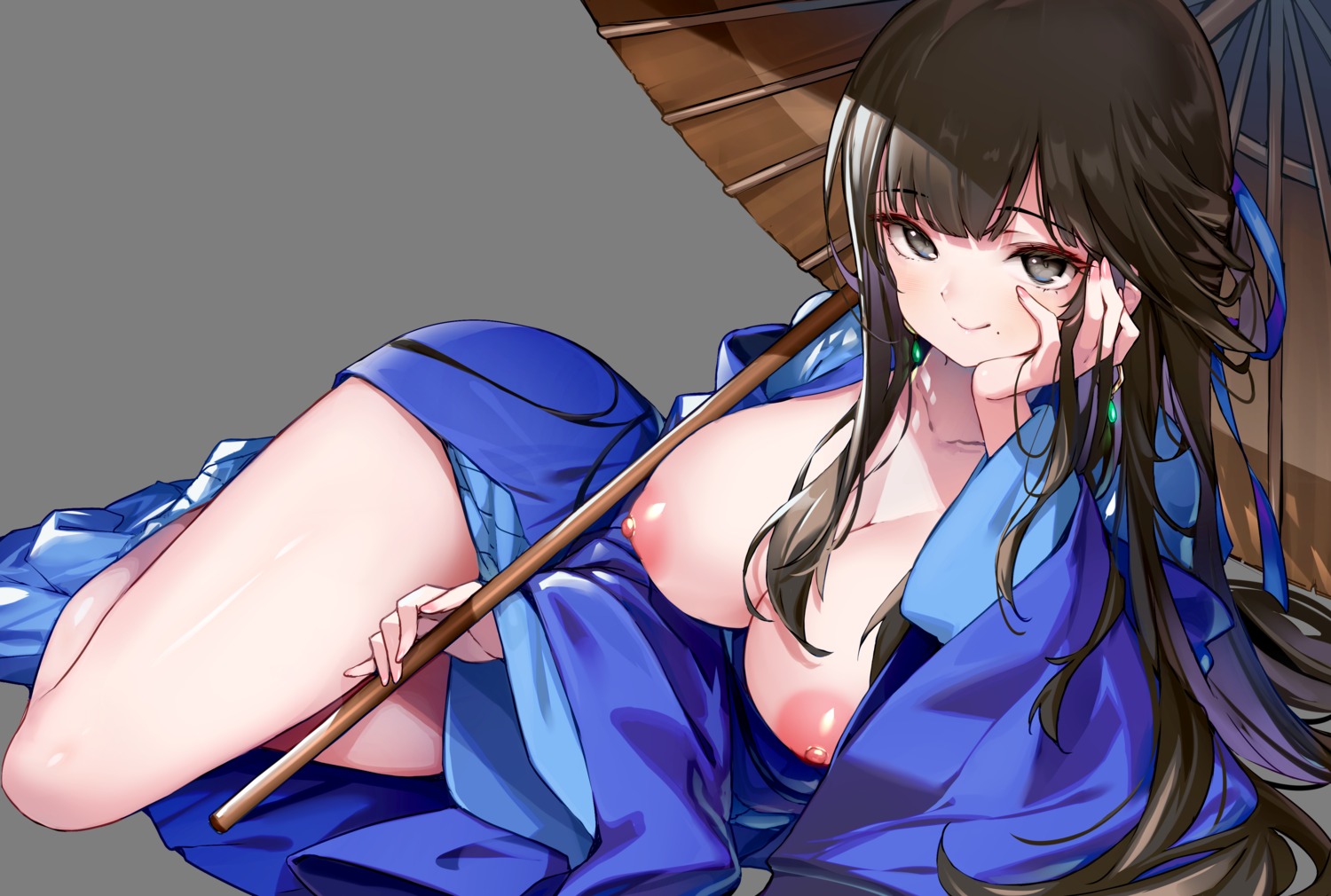 breasts hong_(white_spider) japanese_clothes legend_of_mortal nipples no_bra open_shirt transparent_png umbrella xiahou_lan