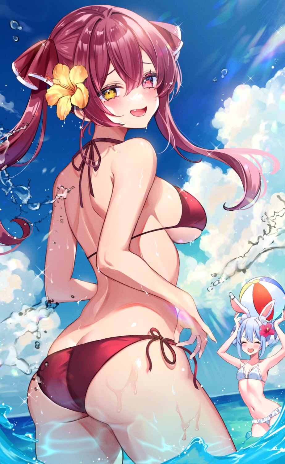 animal_ears ass bikini bunny_ears enepuni heterochromia hololive houshou_marine swimsuits thong usada_pekora wet