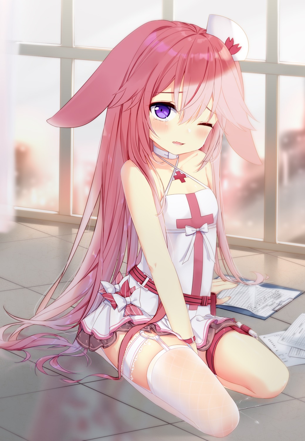 animal_ears benghuai_xueyuan bunny_ears fishnets fufumi garter nurse stockings thighhighs yae_sakura_(benghuai_xueyuan)