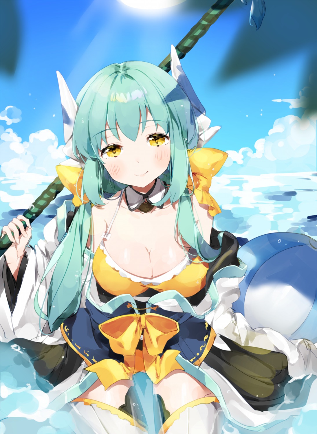 bikini cleavage fate/grand_order horns japanese_clothes kiyohime_(fate/grand_order) ongyageum open_shirt swimsuits thighhighs weapon