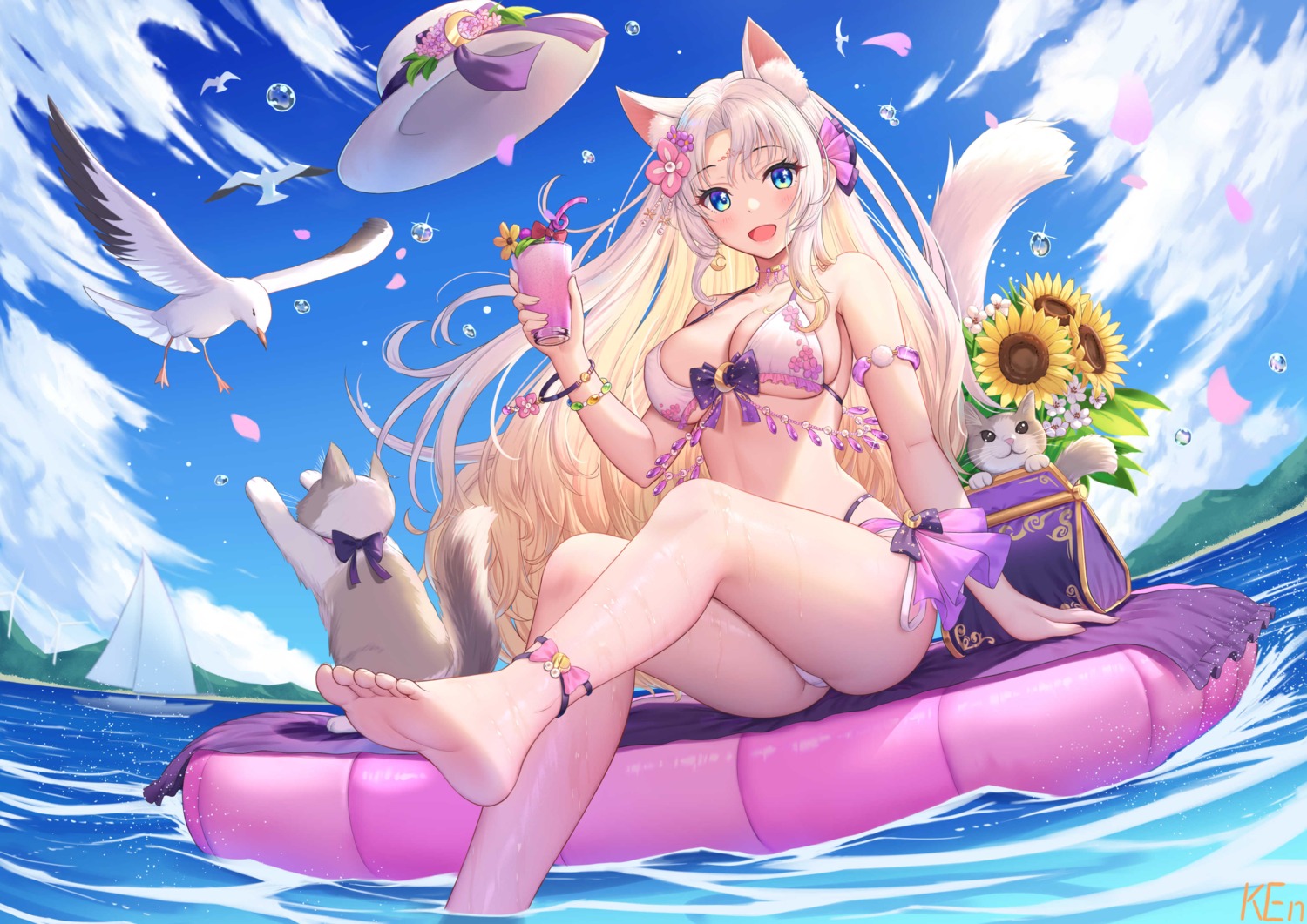 animal_ears bikini feet indie_virtual_youtuber ken-san neko swimsuits tail thong wet