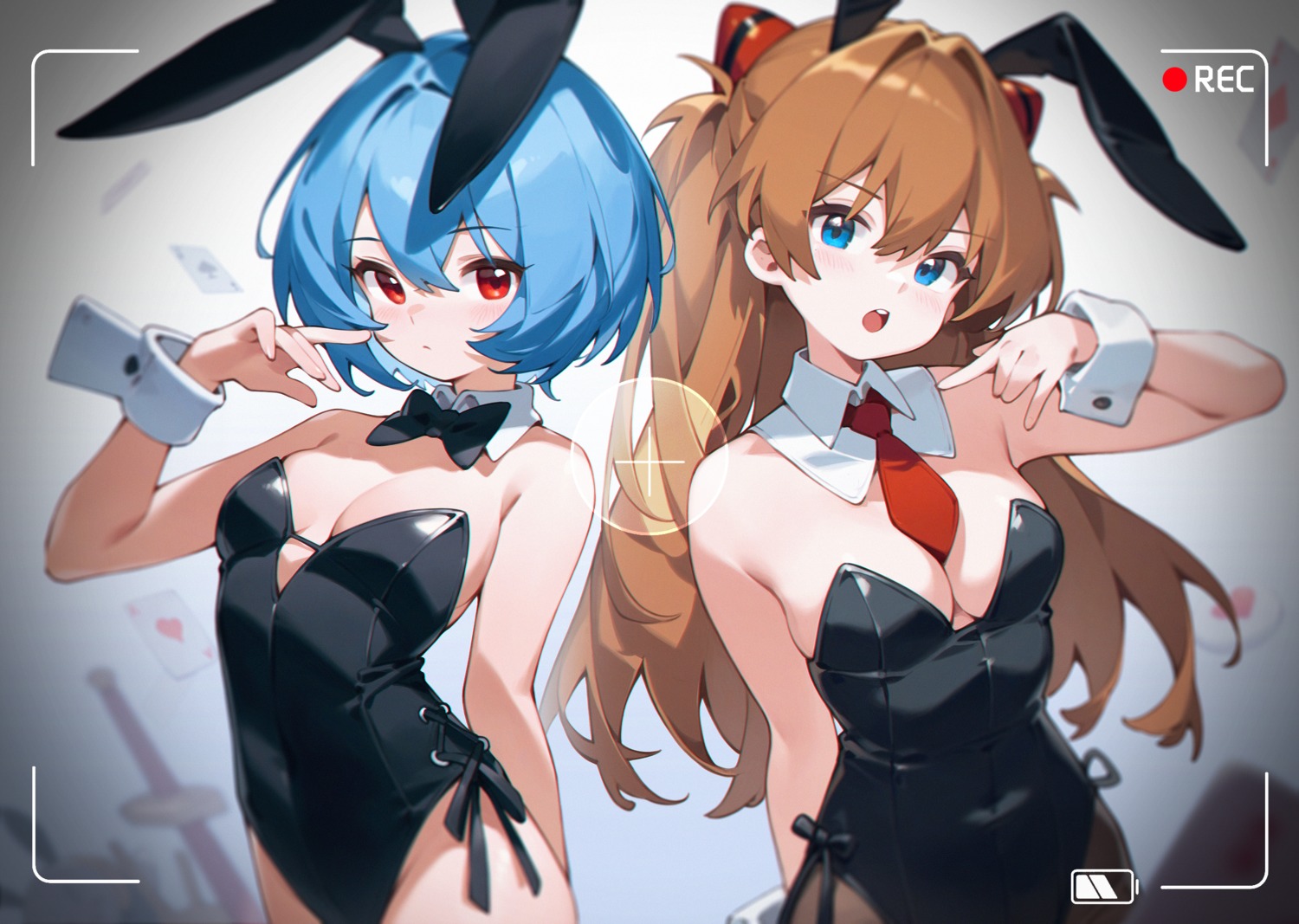 animal_ears ayanami_rei bunny_ears bunny_girl neon_genesis_evangelion no_bra pantyhose sleepy_cn souryuu_asuka_langley