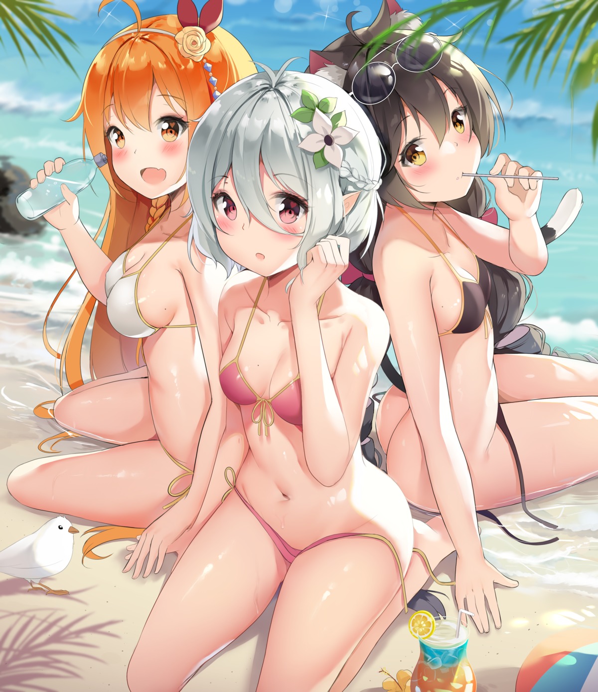 animal_ears ass bikini chintora0201 cleavage karyl_(princess_connect) kokkoro megane nekomimi panty_pull pecorine pointy_ears princess_connect! princess_connect!_re:dive swimsuits tail wardrobe_malfunction wet