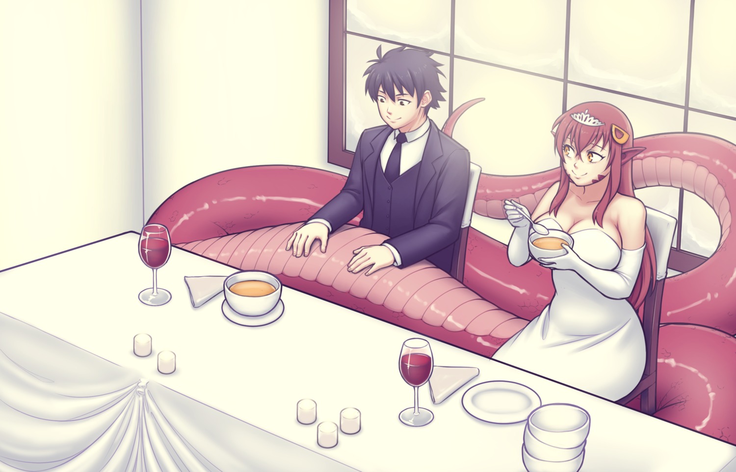 better-with-salt business_suit cleavage dress kurusu_kimihito miia_(monster_musume) monster_musume_no_iru_nichijou no_bra pointy_ears tail wedding_dress