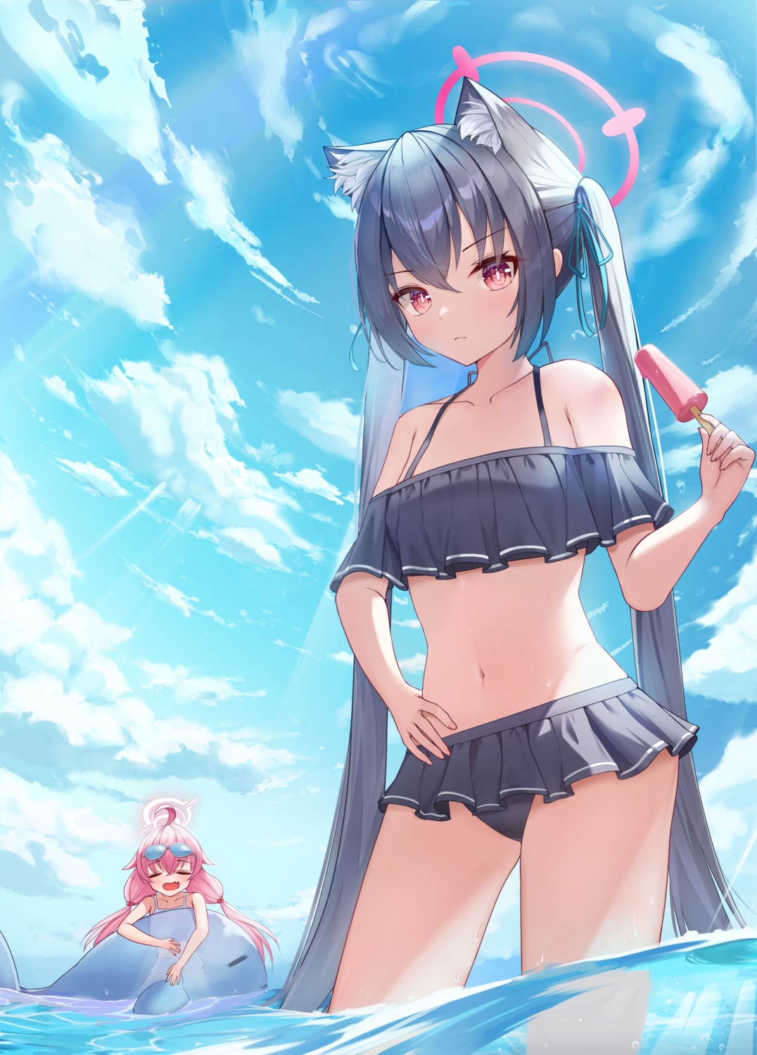 animal_ears bikini blue_archive halo kuromi_serika megane nekomimi nomi_(gpjg7877) swimsuits takanashi_hoshino wet