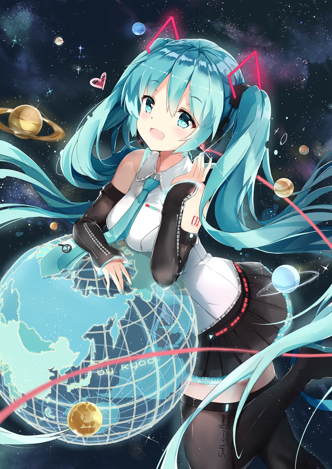 asahi_kuroi hatsune_miku headphones tattoo thighhighs vocaloid