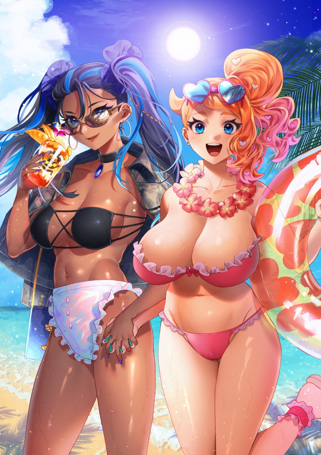 831_(.) bikini megane pokemon pokemon_swsh rurina_(pokemon) sonia_(pokemon) swimsuits tan_lines wet yuri