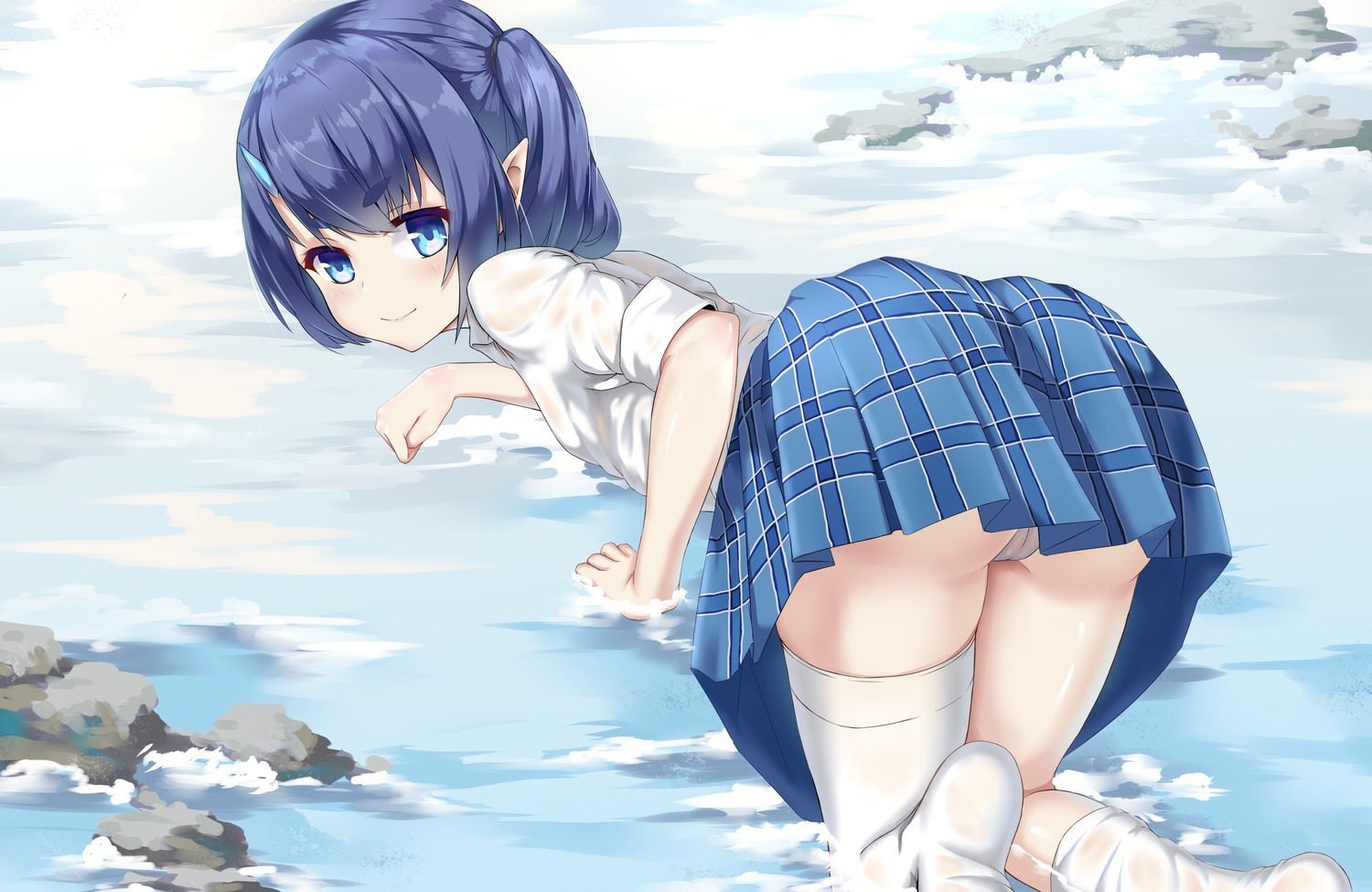 ass cameltoe jawr8473 loli pantsu pointy_ears see_through seifuku skirt_lift thighhighs wet wet_clothes