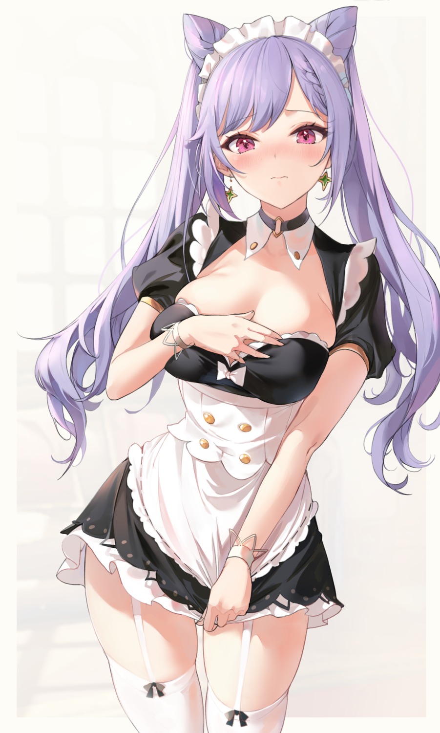 breast_hold emyo genshin_impact keqing maid no_bra stockings thighhighs