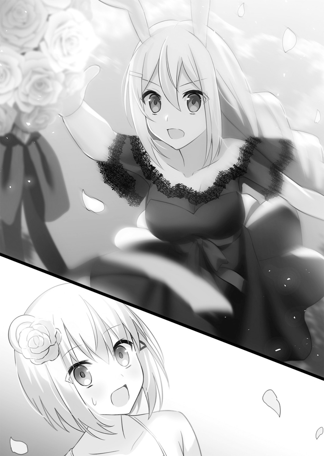 animal_ears bunny_ears dress fuyuki_(neigedhiver) monochrome