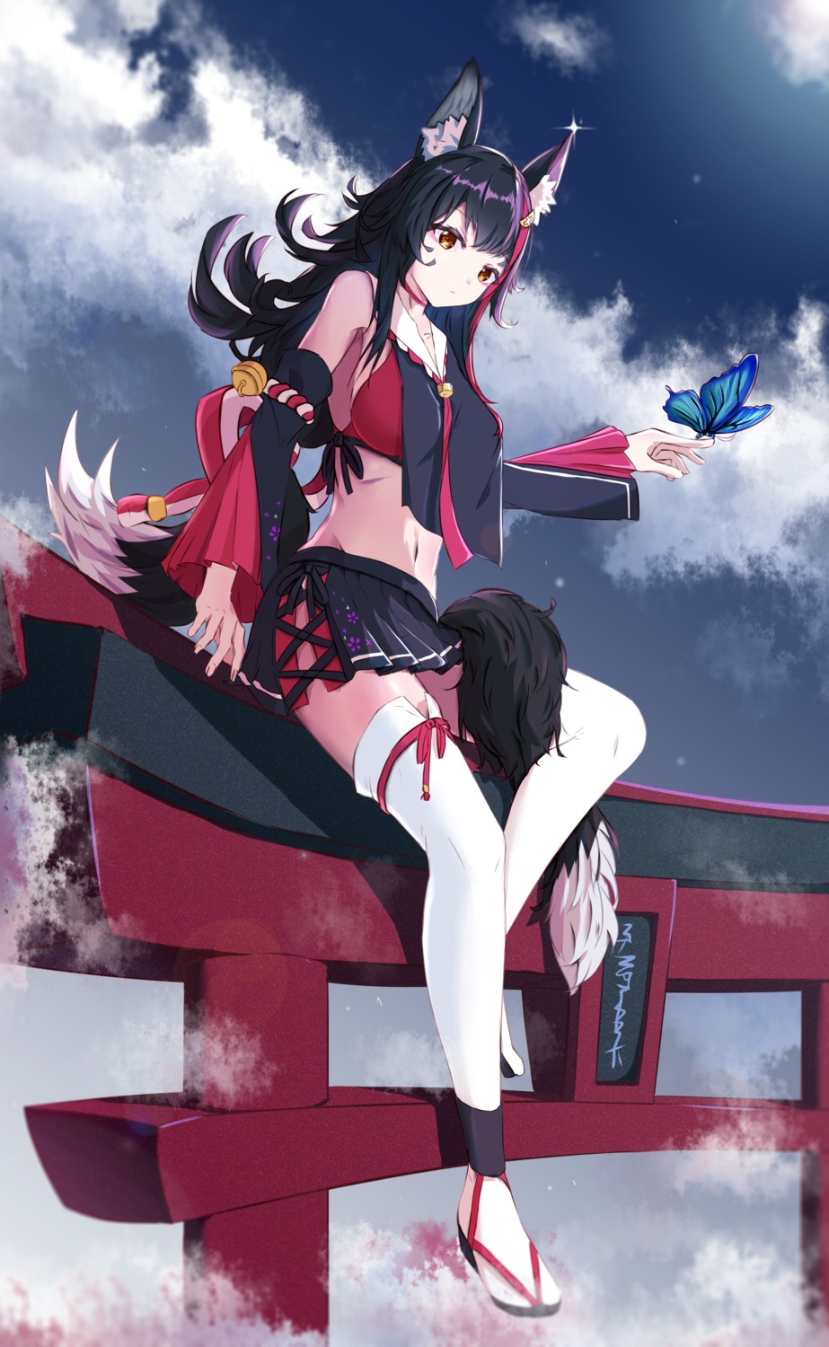 animal_ears hololive hololive_gamers japanese_clothes no_bra ookami_mio soraharu_dayo tail thighhighs