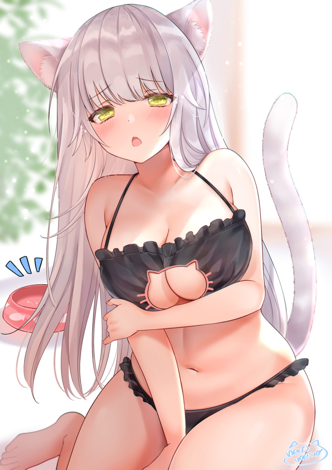 animal_ears bra breast_hold cleavage neco_meito nekomimi pantsu tail