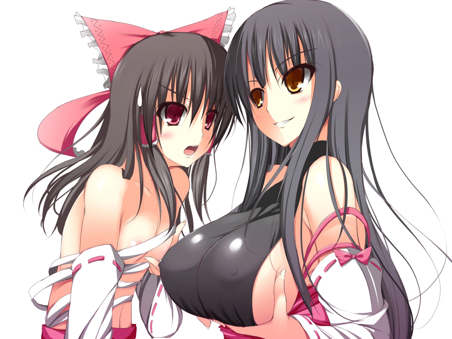 areola breast_hold breasts erect_nipples hakurei_miko hakurei_reimu kishiki_kanmitsu miko sarashi touhou