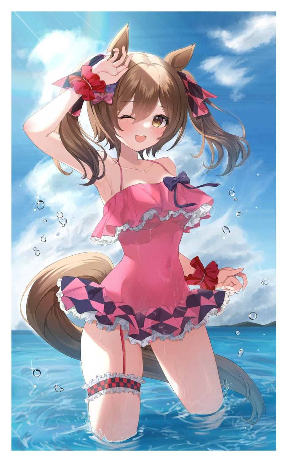 animal_ears etesumsom garter smart_falcon_(umamusume) swimsuits tail uma_musume_pretty_derby wet