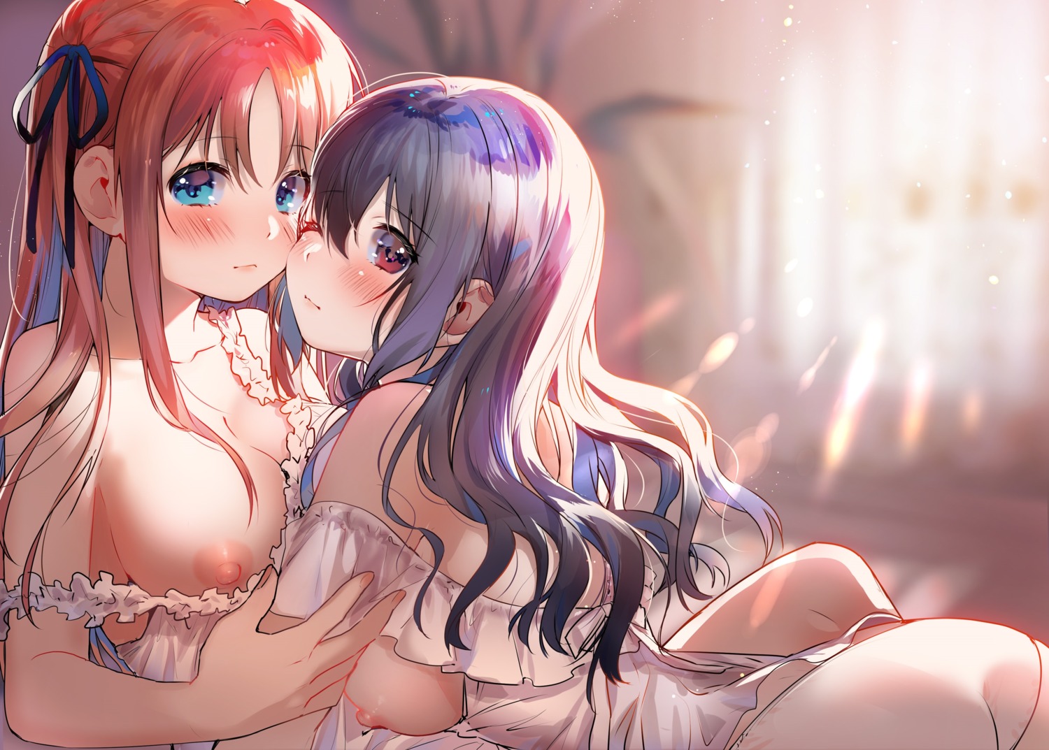 ass cleavage geshumaro lingerie nipples no_bra pantsu yuri