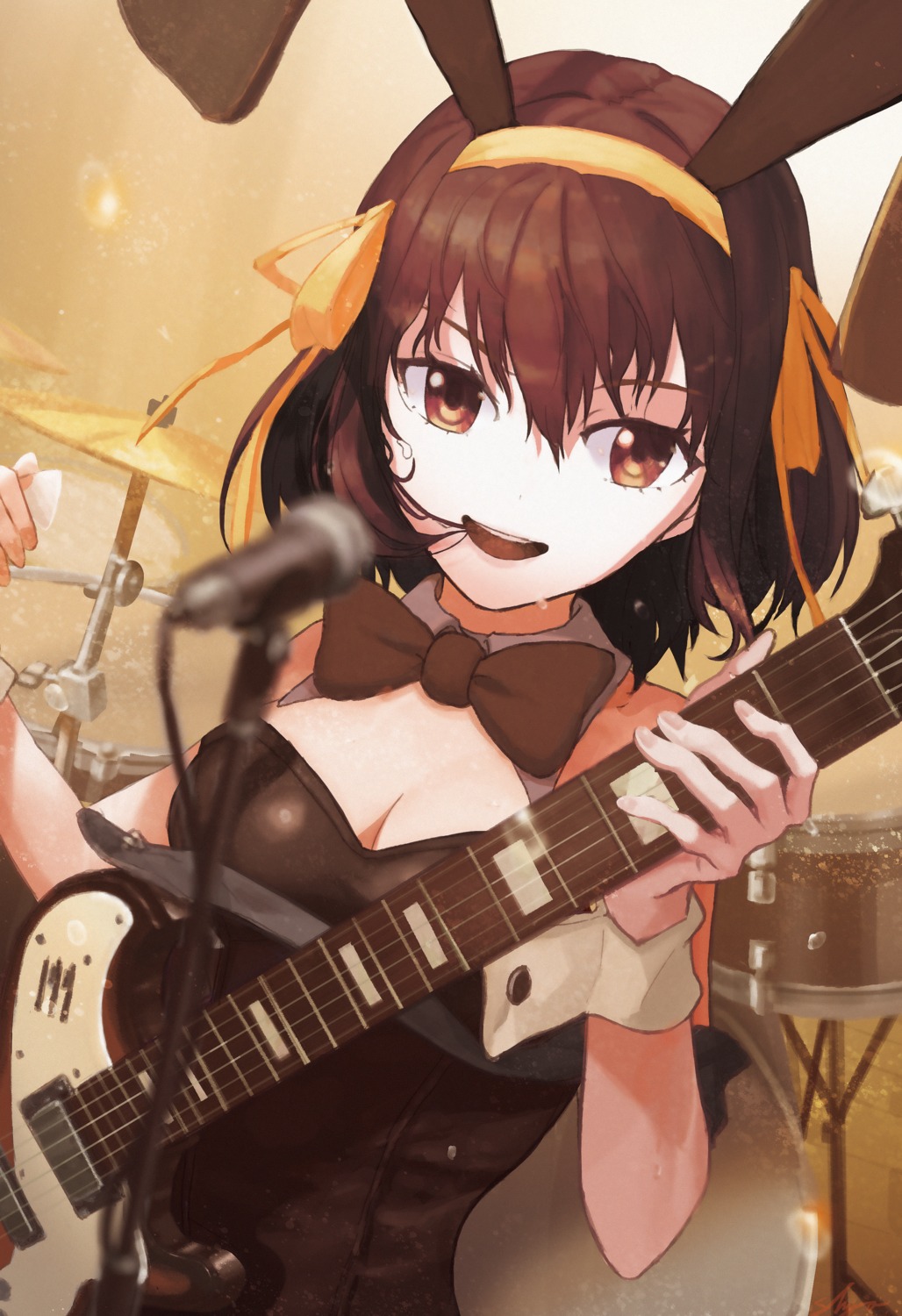 animal_ears bunny_ears bunny_girl cleavage guitar no_bra suzumiya_haruhi suzumiya_haruhi_no_yuuutsu syoyo