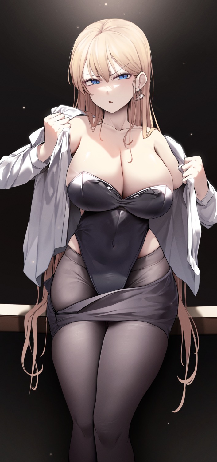 ddangbi dress_shirt leotard no_bra pantyhose undressing