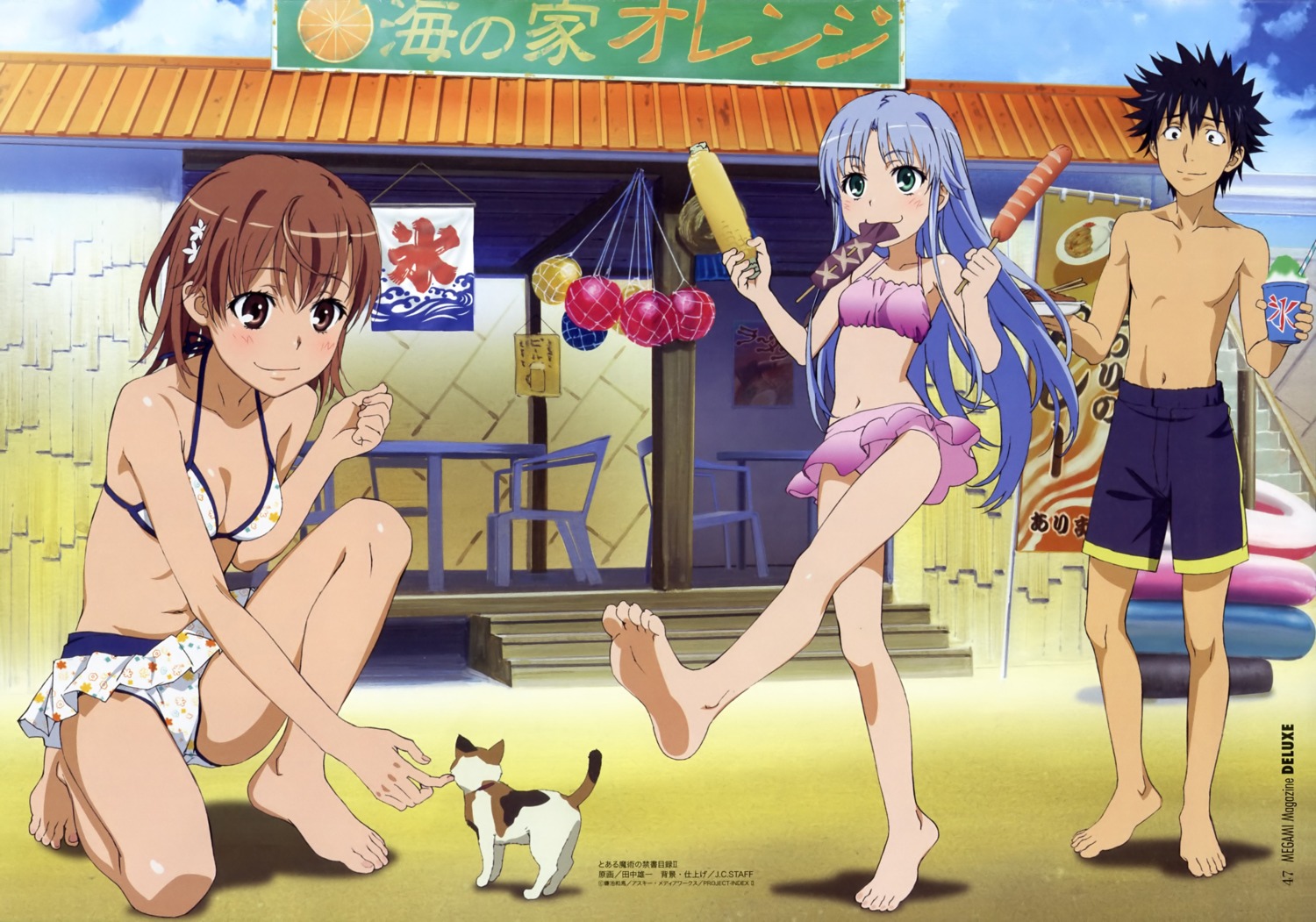 bikini cleavage feet index kamijou_touma misaka_mikoto neko sphinx swimsuits tanaka_yuuichi to_aru_majutsu_no_index