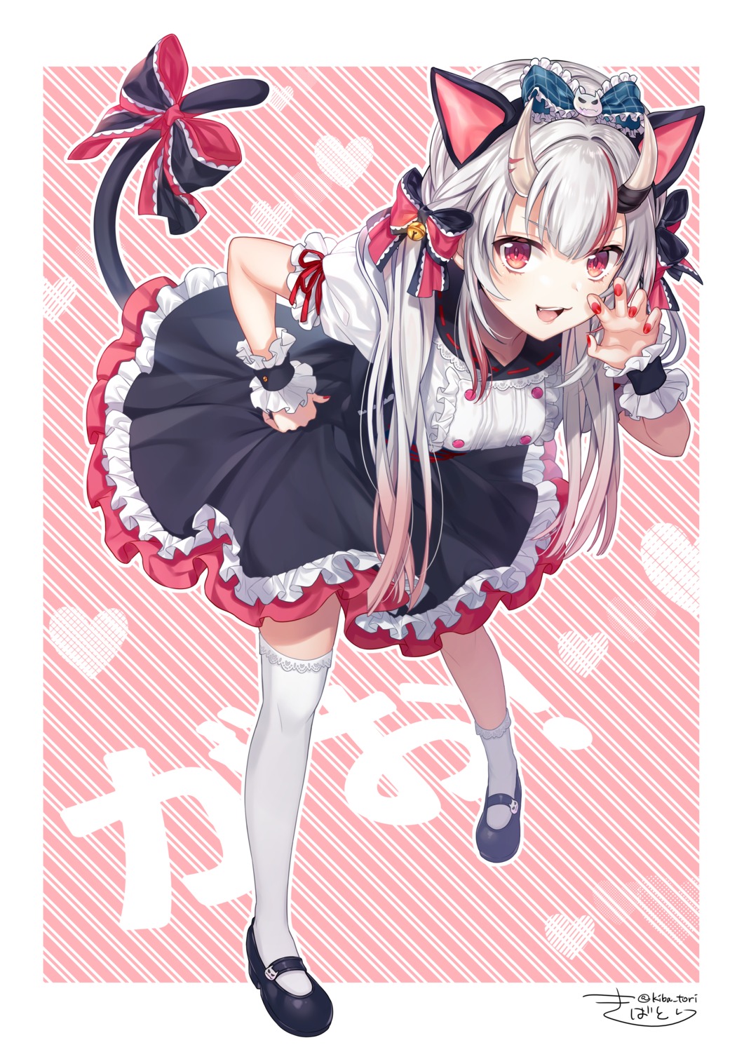 animal_ears hololive horns kiba_tori nakiri_ayame nekomimi skirt_lift tail thighhighs