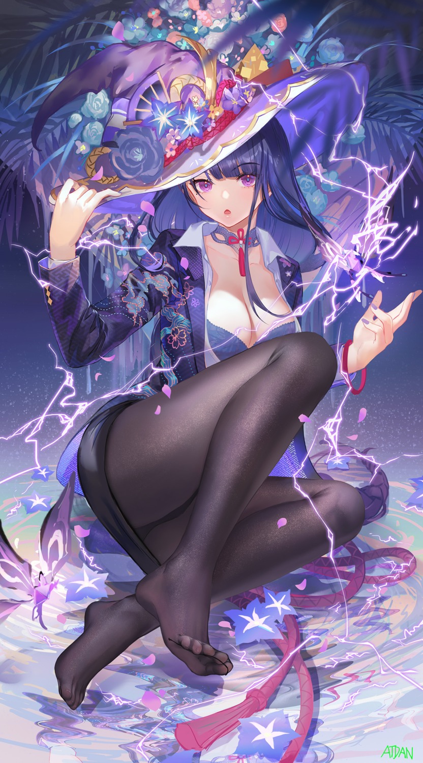 atdan bra business_suit feet genshin_impact open_shirt pantsu pantyhose raiden_shogun skirt_lift thong witch