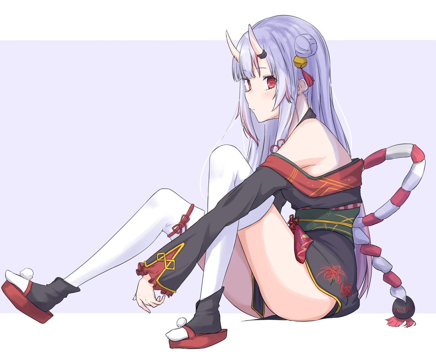 garter hololive horns japanese_clothes nakiri_ayame no_bra ogura_toast skirt_lift thighhighs