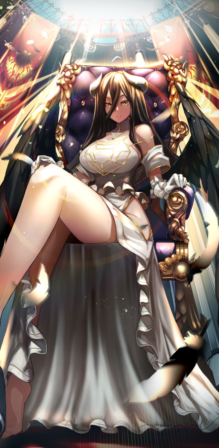 albedo_(overlord) btraphen horns nopan overlord skirt_lift wings