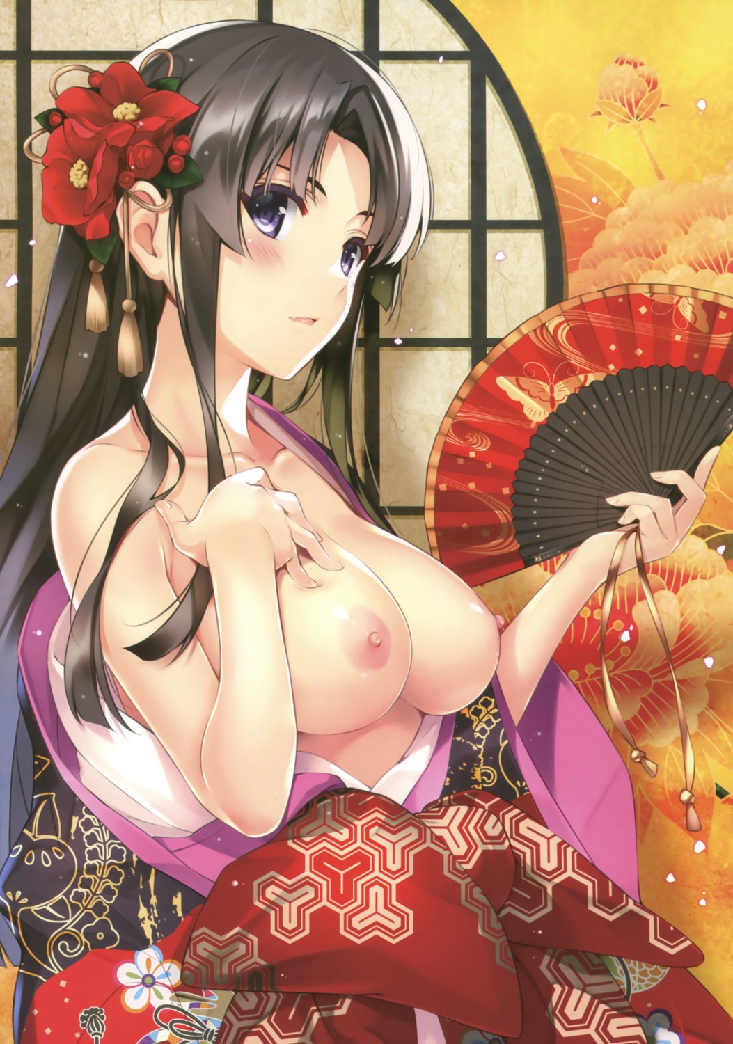 breast_hold breasts comic_aun kimono misaki_kurehito nipples no_bra open_shirt