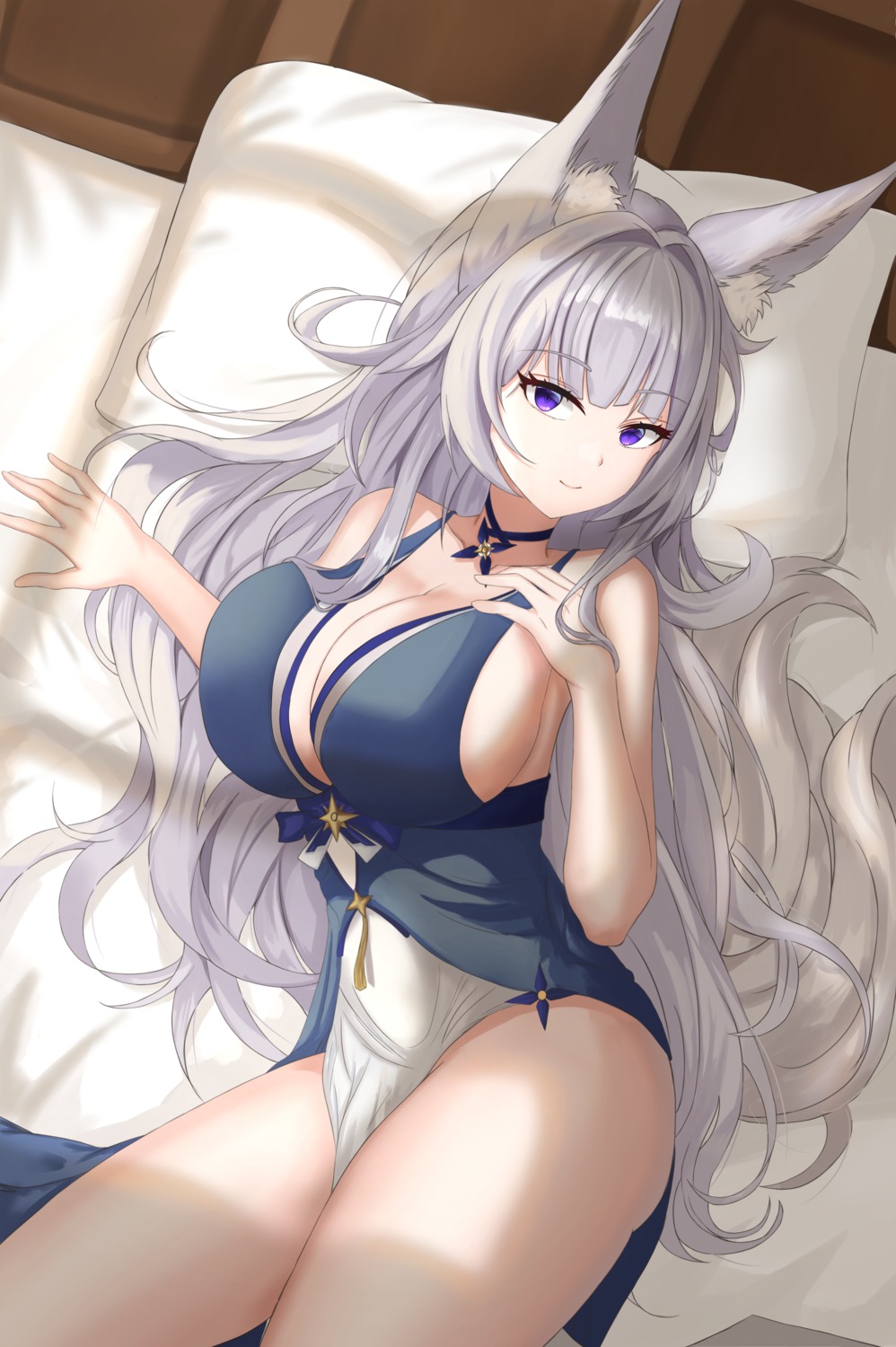 animal_ears azur_lane dress kitsune no_bra raura.shun shinano_(azur_lane) tail