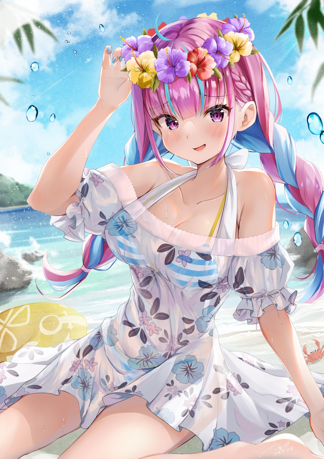 bikini dress hololive kairono3jou minato_aqua see_through summer_dress swimsuits wet_clothes