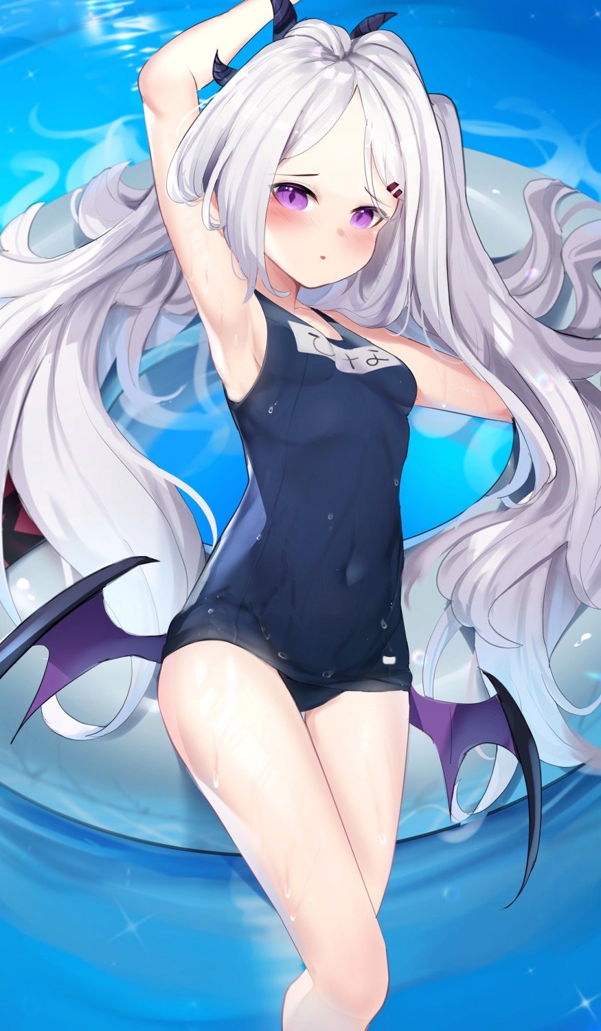 blue_archive devil horns loli school_swimsuit somray sorasaki_hina swimsuits wings