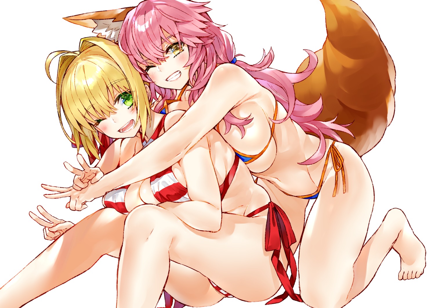 animal_ears bikini breast_hold fate/extra fate/stay_night kou_mashiro saber_extra swimsuits tail tamamo_no_mae