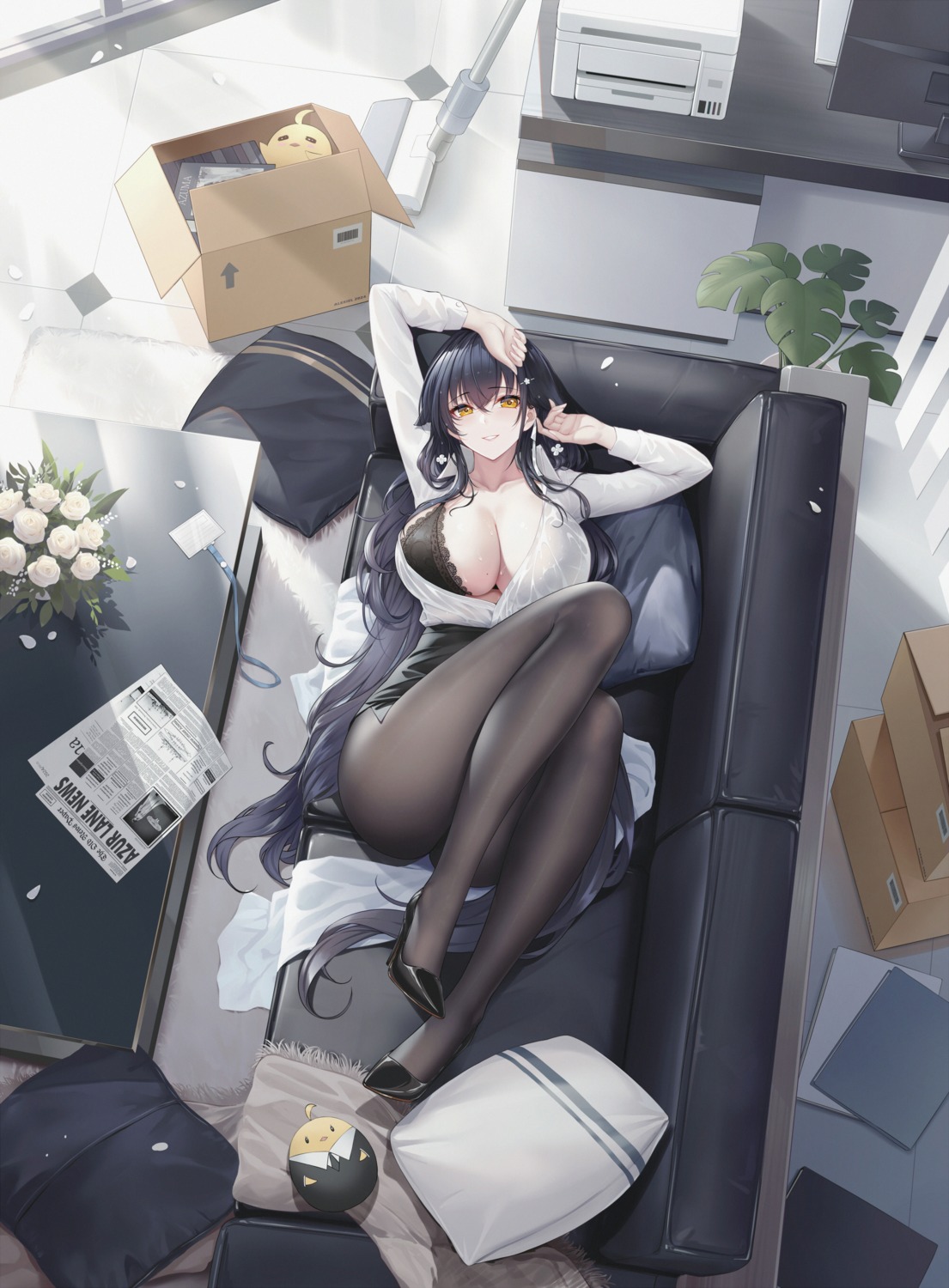 alexiel_(pixiv6211566) azuma_(azur_lane) azur_lane bra dress_shirt heels manjuu_(azur_lane) open_shirt pantyhose see_through skirt_lift wet_clothes