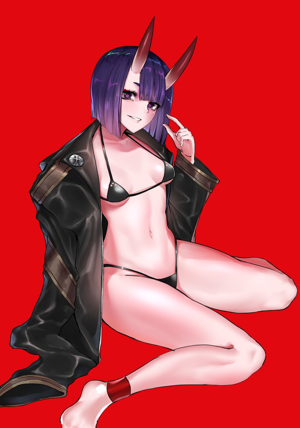 bikini fate/grand_order horns open_shirt saru_(pixiv13751598) shuten_douji_(fate/grand_order) swimsuits