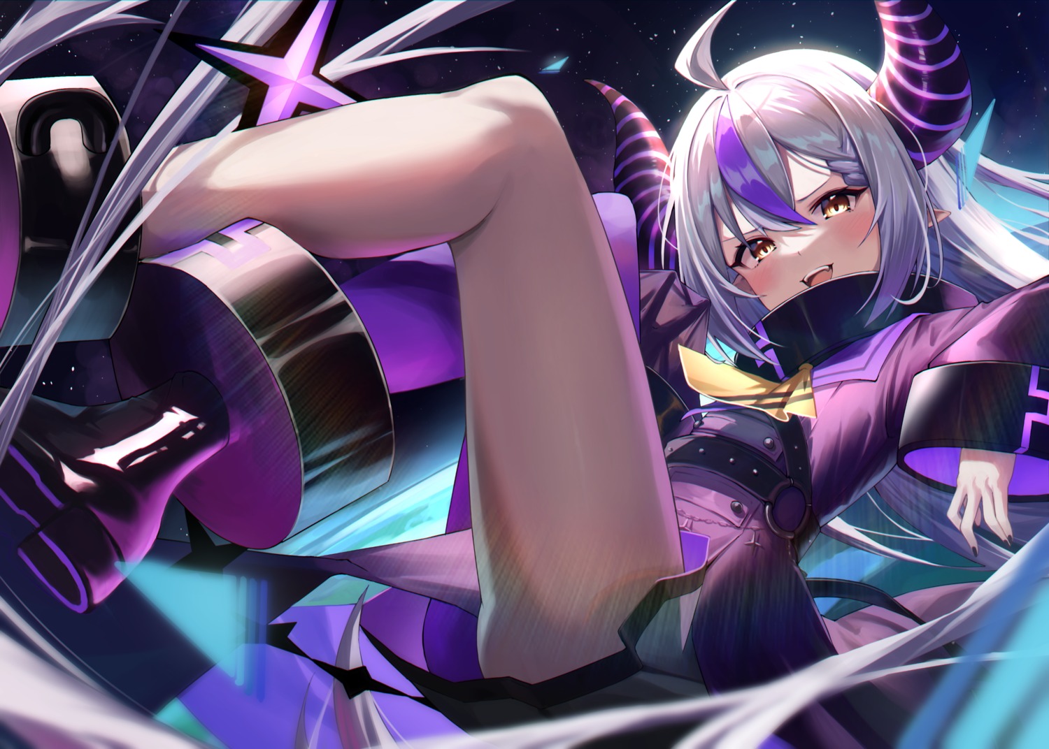 clrawing dress hololive horns la+_darknesss pointy_ears tail thighhighs