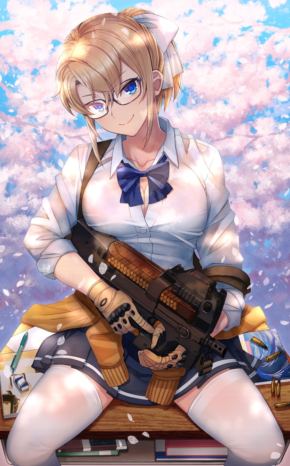 cleavage gun itou_(onsoku_tassha) megane open_shirt see_through seifuku thighhighs