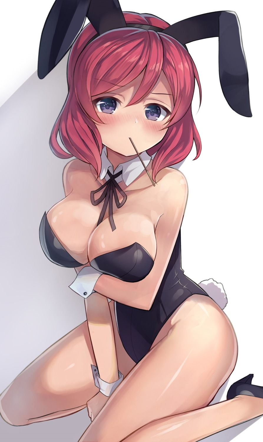 animal_ears breast_hold bunny_ears bunny_girl cleavage heels love_live! motokonut nishikino_maki no_bra tail