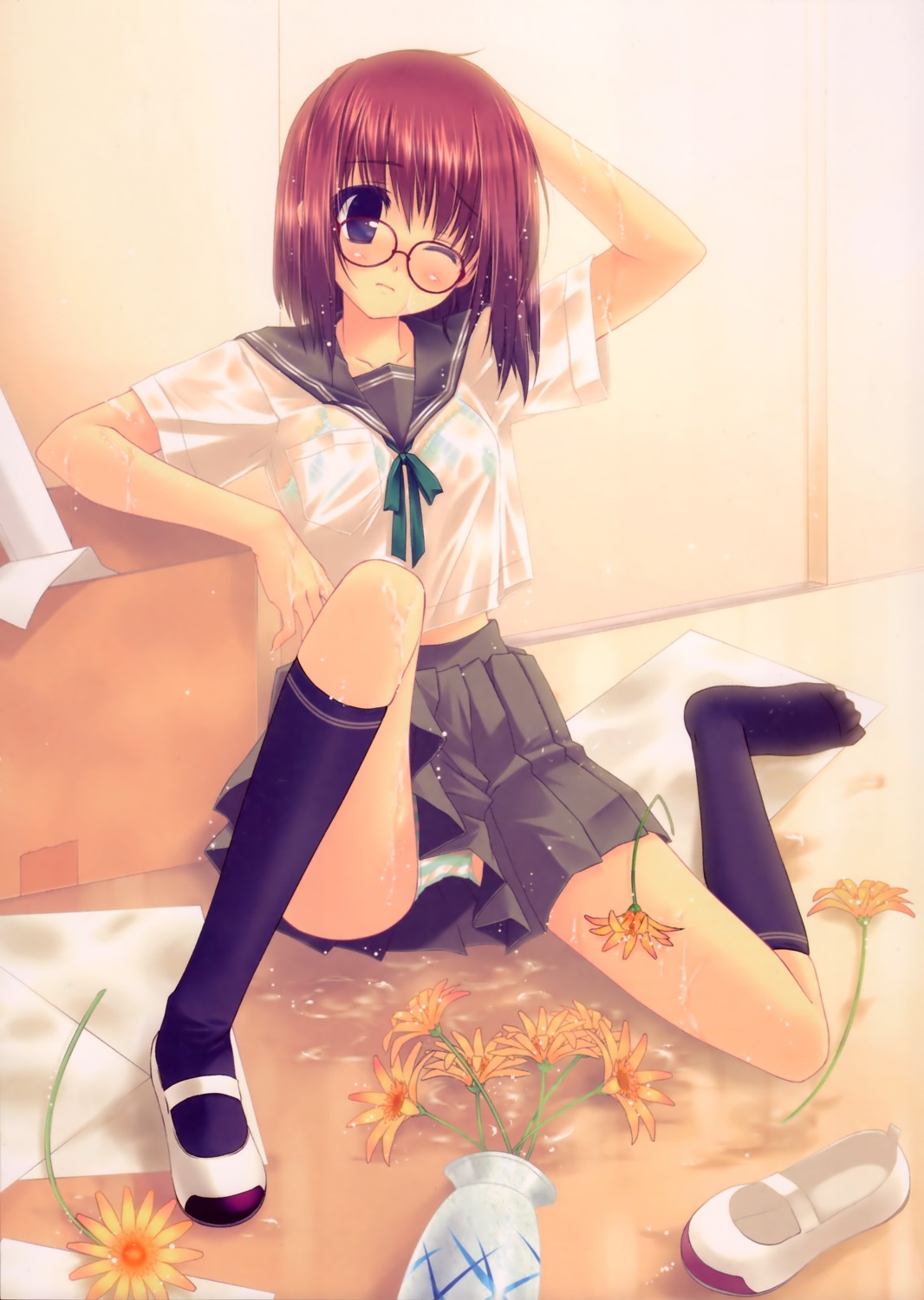 megane pantsu see_through seifuku shimapan touto_seiro wet_clothes