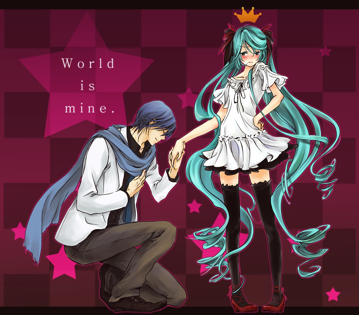 hatsune_miku kaito thighhighs vocaloid world_is_mine_(vocaloid) yoyorugi