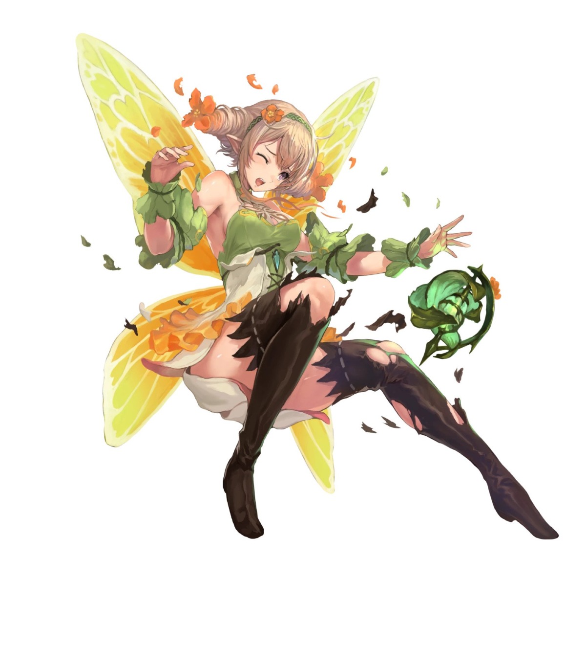 dress fairy fire_emblem fire_emblem_heroes heels nintendo peony_(fire_emblem) pointy_ears see_through thighhighs torn_clothes wings yoshiku