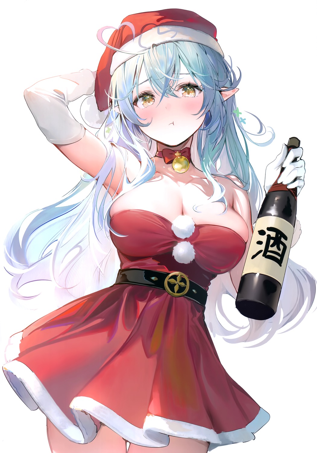 christmas dress elf hololive kinniku_poyopoyo no_bra pointy_ears sake umibouzu yukihana_lamy