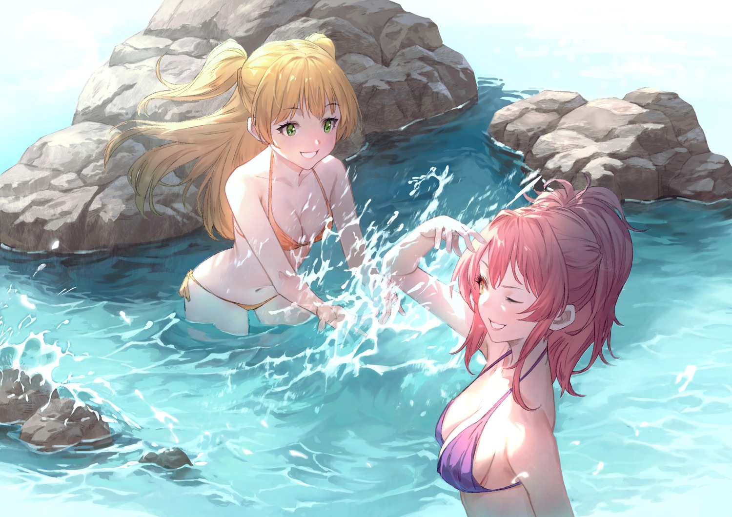 bikini bikini_top cleavage jougasaki_mika jougasaki_rika ruien swimsuits the_idolm@ster the_idolm@ster_cinderella_girls wet