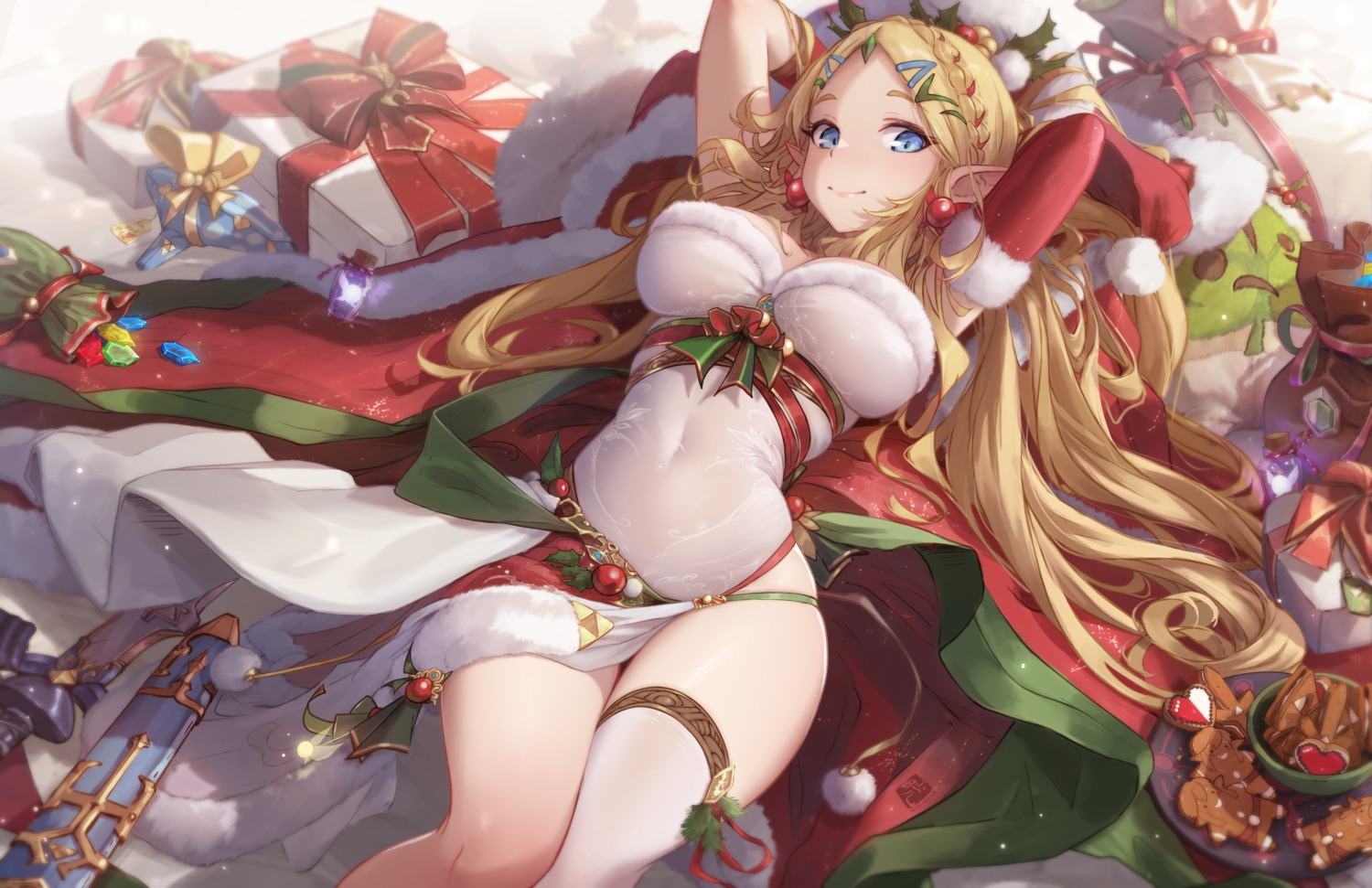 christmas leotard mitsu_(mitsu_art) no_bra pointy_ears princess_zelda sword the_legend_of_zelda thighhighs