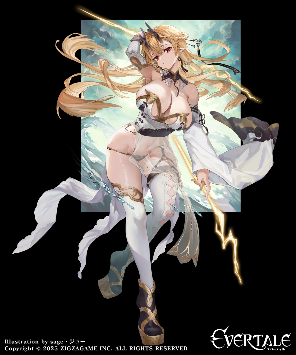 evertale horns no_bra pantsu pointy_ears sage_joh see_through stockings thighhighs