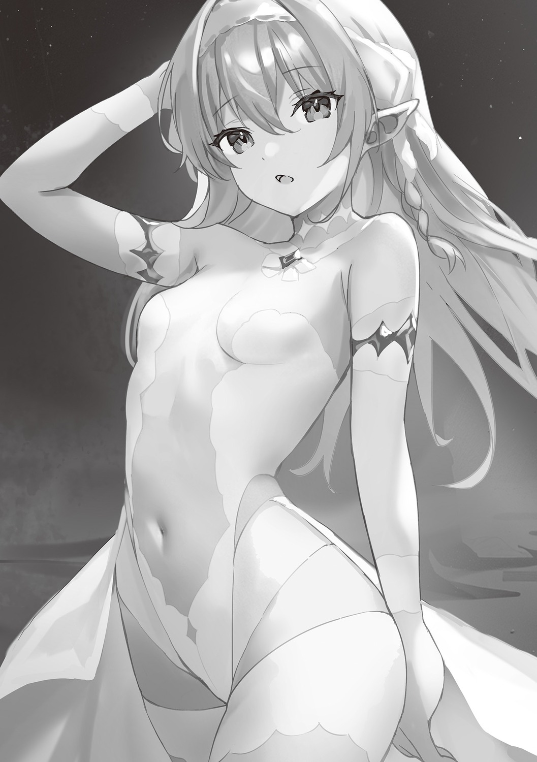 danshi_kinsei_game_sekai_de_ore_ga_yarubeki_yuiitsu_no_koto elf haishiki leotard monochrome no_bra pointy_ears