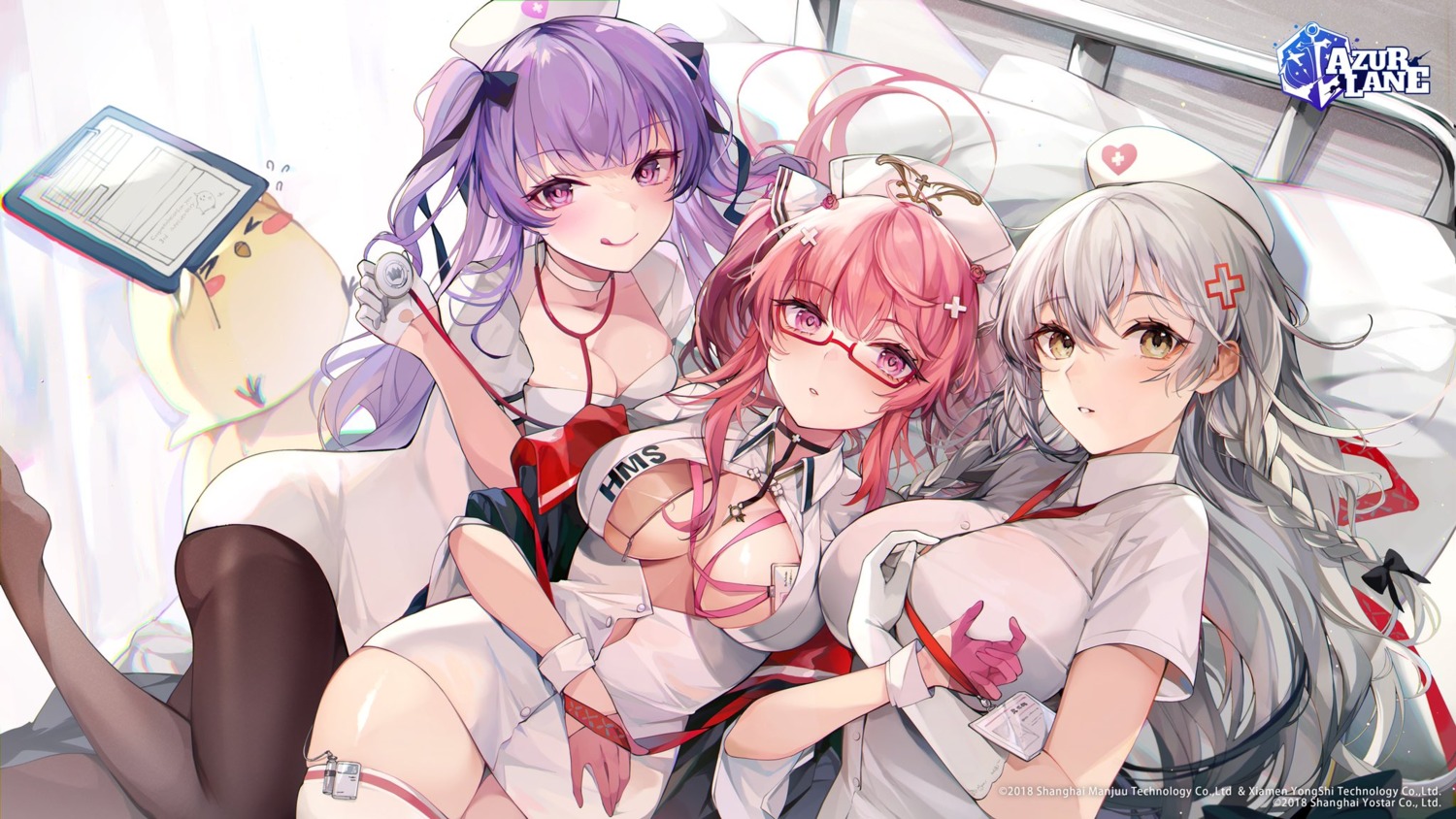 ajax_(azur_lane) azur_lane breast_hold hermione_(azur_lane) hutuu_(1121) manjuu_(azur_lane) megane no_bra nurse open_shirt pantyhose perseus_(azur_lane) see_through thighhighs